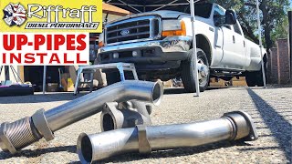 2001 F350 73  RiffRaff UpPipes Install  Stock up pipes leaking and falling apart JUNK SP [upl. by Lavinia]